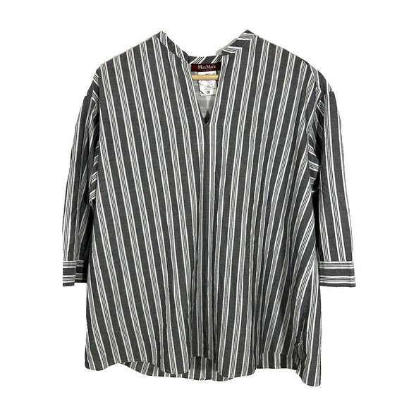 Max Mara Studio Top Striped Pullover V-Neck Gray White Pleated Back Size L? XL? - Picture 1 of 8